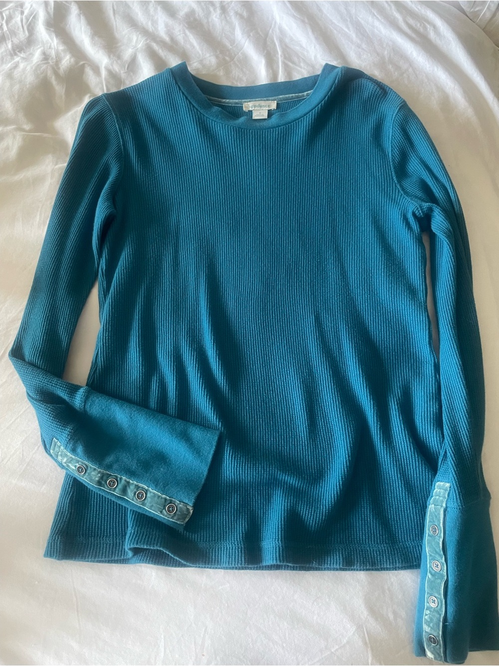 Sundance Teal Waffle Long-Sleeve Top with Velour Button Cuffs